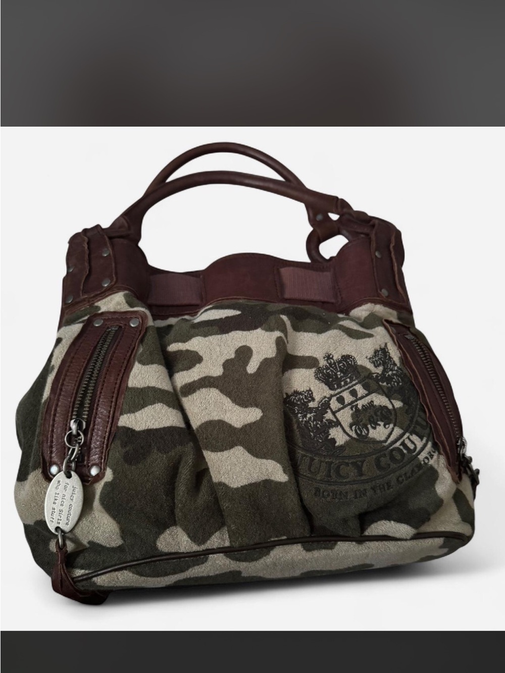 VINTAGE Juicy Couture Camouflage Canvas Hobo with Brown Leather Trim